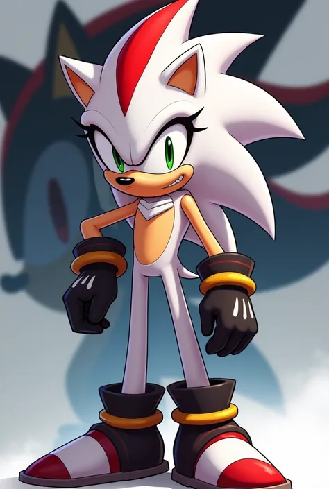  Create a character in the style of Sonic , that measures 106 Cm ,  in the background that has the shape of Shadows head,  with the skewers up ,  that has black gloves ,  whose main color is white ,  and that has the mushrooms of Sonic , and a ring on the ...