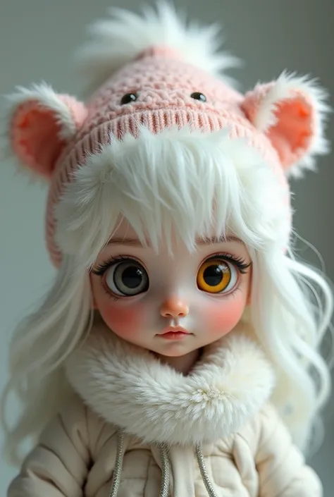 White-haired boy with a black and a yellow eye and a white and pink bear hat