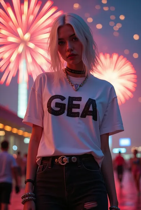 Lady bad girl with white hait
with necklace
With white  T-shirt write "gea" and black jeans
Background  firework