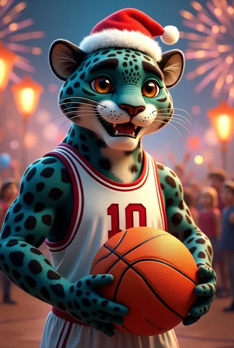 This is how the leopard  color is black and green the ball is orange, the leopard make the poster  happy new year The jersey number 10 is white, standing with a basketball, wearing a New Years santa s hat The jersey is wearing shorts, smiling sweetly. a bi...