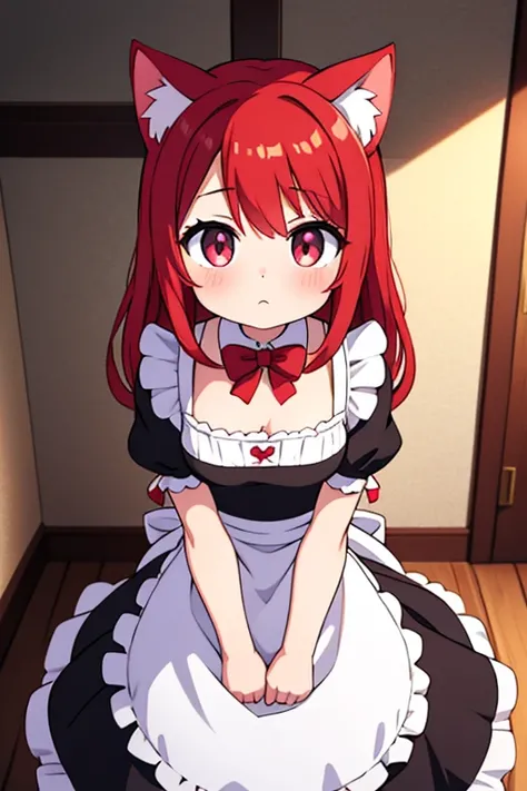  a girl, Wearing a maids costume, looking up at the viewer,  small breasts, cat ears , red hair and eyes,in a rustic room,  top quality 