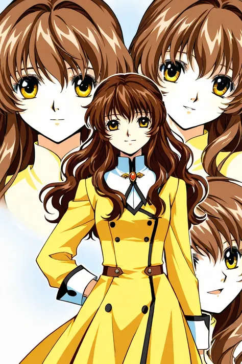 A girl that is an student. She has long wavy Brown hair with shiny golden eyes with a yellow dress uniform. Character sketch different expressions of emotions. Clamp Tsubasa chronicles art style. 