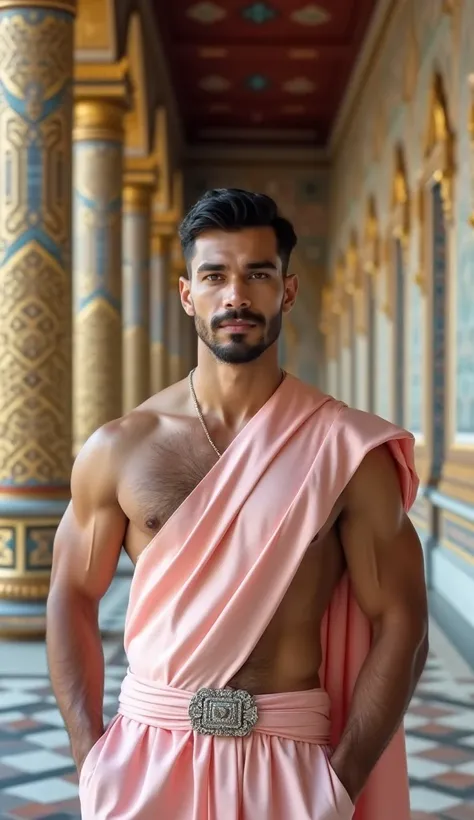 A muscular 26-year-old Thai man with a hairy tummy, wearing a contemporary Thai dress, shirtless, wearing a pastel pink silk saree decorated with a silver belt buckle, emphasizing her natural beauty and confidence.

The background is a huge Thai Grand Pala...