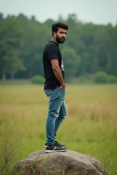 arafed man standing on a rock in a field, a picture inspired by Saurabh Jethani, unsplash, realism, full body photogenic shot, distant full body view, distant full body shot, very very low quality picture, full body picture, standing in road, in front of a...