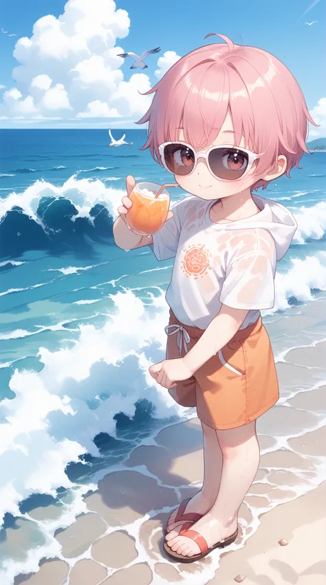 A breathtaking anime scene of a tranquil beach at sunset. The horizon glows in shades of orange, pink, and purple, reflecting on the calm waves of the ocean. A lone anime boy, wearing casual summer clothes, stands barefoot at the waters edge, his back to t...