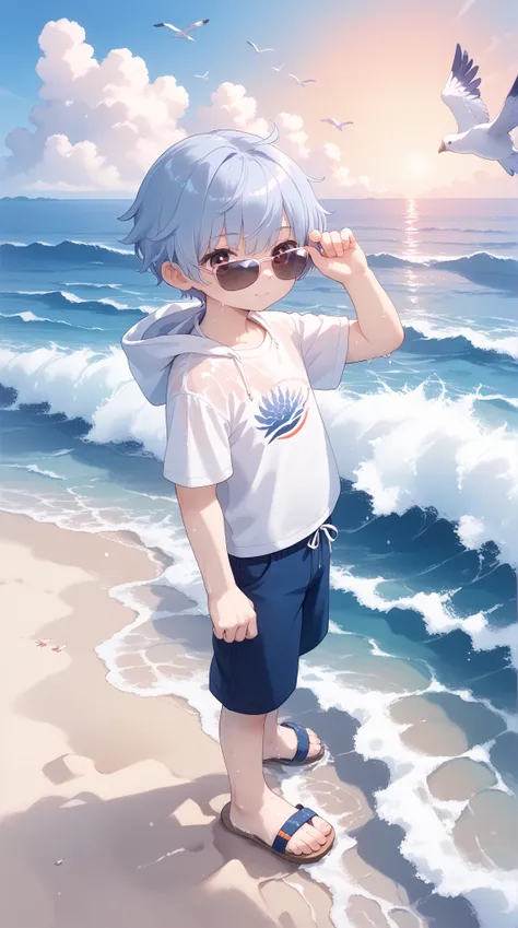 A breathtaking anime scene of a tranquil beach at sunset. The horizon glows in shades of orange, pink, and purple, reflecting on the calm waves of the ocean. A lone anime boy, wearing casual summer clothes, stands barefoot at the waters edge, his back to t...