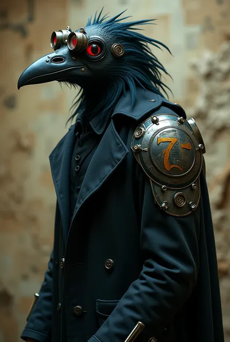 " A humanoid bird with dark plumage like that of a raven ,  its bright eyes barely visible behind a modified plague mask ,  equipped with multiple adjustable lenses that reflect an air of mystery and precision .  Its left wing has been replaced by a detail...