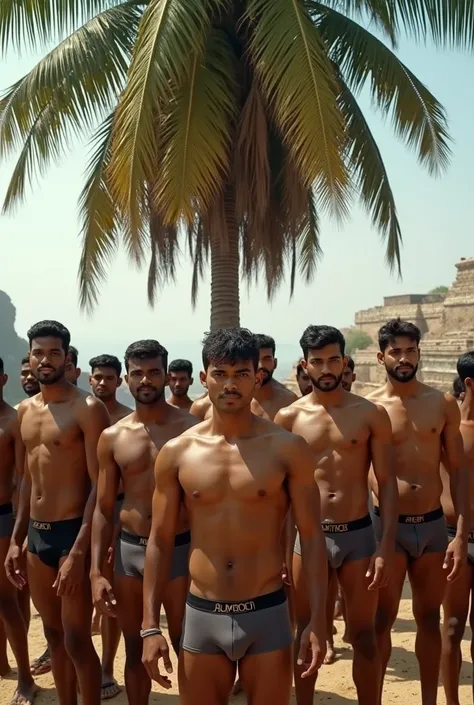 AD 0019 About 20 young, half-naked, handsome, sexy sri lankan six pack underwear
 men are standing under a sacred palm tree in an ancient city (historically)