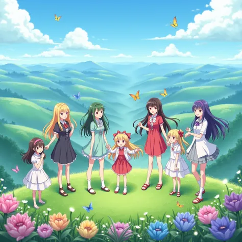 Anime pictures： Six girls stand on the top of the mountain and smile happily，Surrounded by flowers and butterflies 