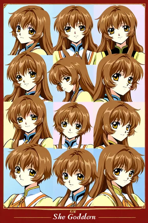 A girl that is an student. She has long wavy Brown hair with shiny golden eyes with a yellow dress uniform. Character sketch different expressions of emotions. Clamp Tsubasa chronicles art style. 