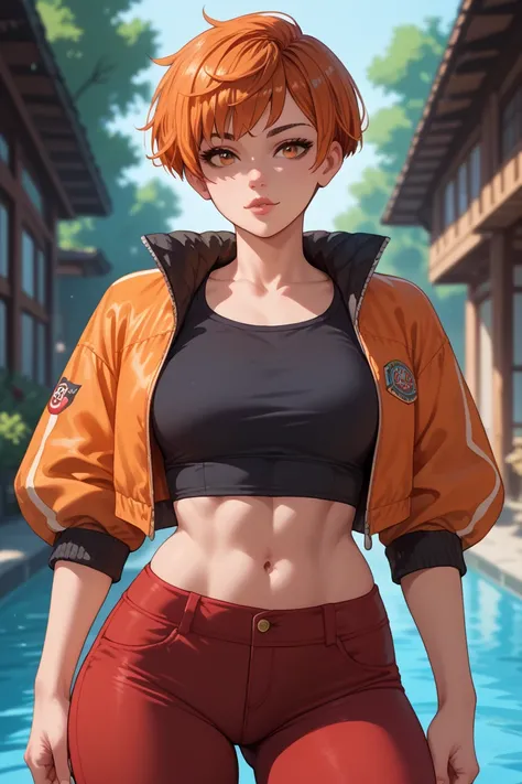 A hot and beautiful young girl with orange hair in a short pixie cut, wearing a crop jacket, flared pants, front view