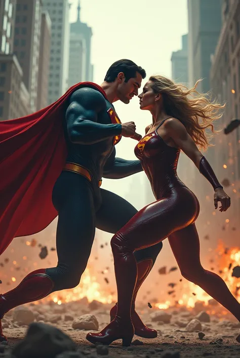 Men super man fight with woman super man, realistic image