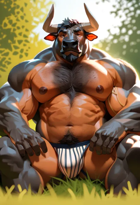 solo, 1boy, Muscular Old man, furry black bull, wide shoulder, pectoral, thick arms, chest hair, arms hair, pubic hair, huge pectoral, wide pectoral, sitting on meadow, huge tree background, short hair, jockstrap and shirtless, simple background, masterpie...