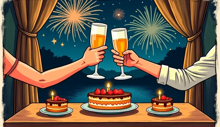 2
peoples arms clinking glasses on a table with a plate of cakes with some candles, outside the window fireworks are going off, bordered black detail, vintage cartoon drawing