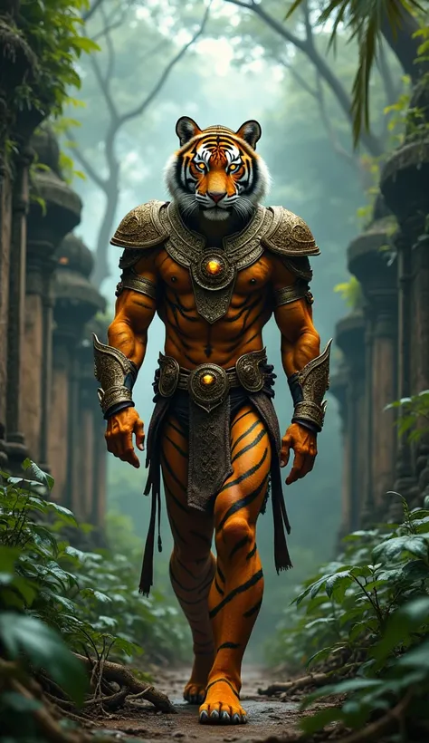 A superhero with the head of a Bengal tiger, wearing an intricately designed armor inspired by traditional Indian motifs with gold and orange hues. They walk through a dense, misty jungle, surrounded by ancient temples and statues overgrown with vines. The...