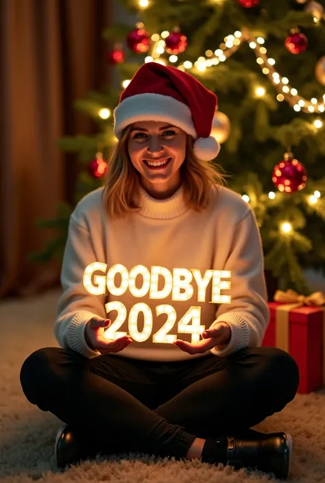  luminosity effect ,  Argentinian man ,  light brown hair green eyes  , smiling, wears a Santa Claus hat ,Wear white sweater and black pants and black shoes, 
 In her hands ,  has a luminous decoration that forms the word  " GOODBYE 2024 ". She is sitting ...