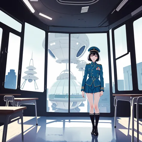 (masterpiece:1.2, best quality), 1girl, teen girl, white space cadet uniform, military hat, short pleated skirt, serious, standing by holographic board displaying math shapes,  classroom, spaceship interiors, sci-fi, cosmos outside window, futuristic, anim...