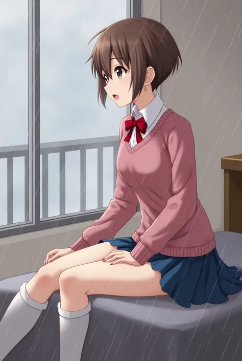  masterpiece,  best quality,  very aesthetic, Ayase Momo, dandadan,  brown hair,  short hair,  hair between the eyes, de wuliang , Ojos rojos,   looking at the spectator, attire_1, Earrings, gargantilla negra,  pink sweater,  collared shirt, open collar,  ...