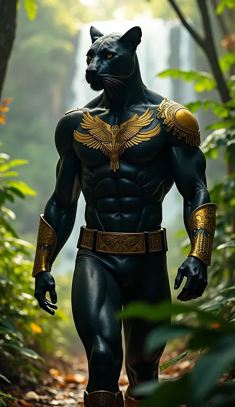 A superhero with the head of a black jaguar, their sleek black and gold suit adorned with Amazonian tribal patterns and natural elements like feathers and leaves. They stride through the dense Amazon rainforest, with vibrant wildlife surrounding them. The ...