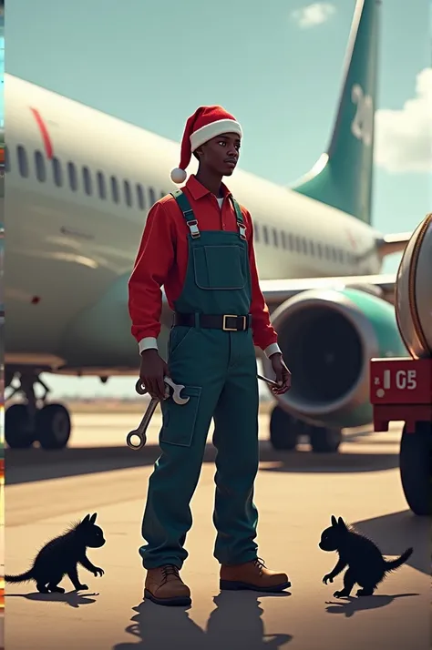 A light-skinned aircraft technician stands near a Boeing 737 aircraft.  He has a Santa Claus hat on his head ,  in his hands ( wrench , screwdriver ). There is a tanker near the plane. 2025 is coming  .  The plane is parked at the airport in Ouagadougou . ...