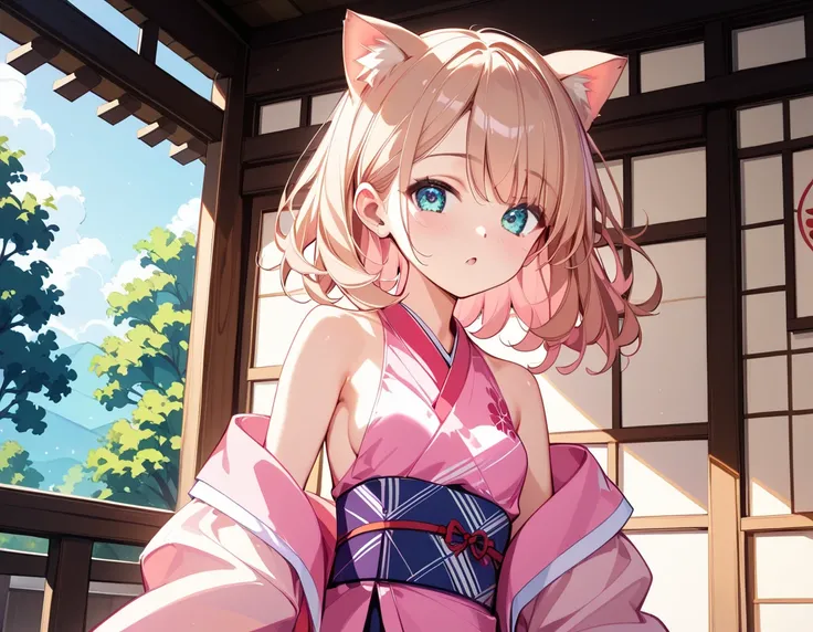   high image quality 、        High Quality       、        One girl with cat ears      、        Beige Hair   、 The inside of the hair is a pastel pink inner color、Beige ears 、 medium hair  、  Rob    、    Beige hair surface、 turquoise eyes  、  short、       s...