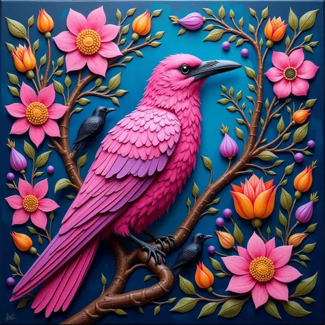 One oil painting with realistic effects and brightness,Picture Print On Canvas, while the brushstrokes are visible.,It is a vibrant and colorful image! Below is a breakdown of the elements:

** Main Focus: Raven:** The main focus is a pink raven, painted i...