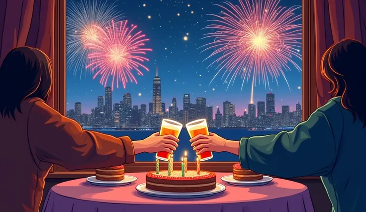 peoples arms clinking glasses on a table with a plate of cakes with some candles, outside the window is a city with fireworks going off, bordered detail, classic simple cartoon drawing