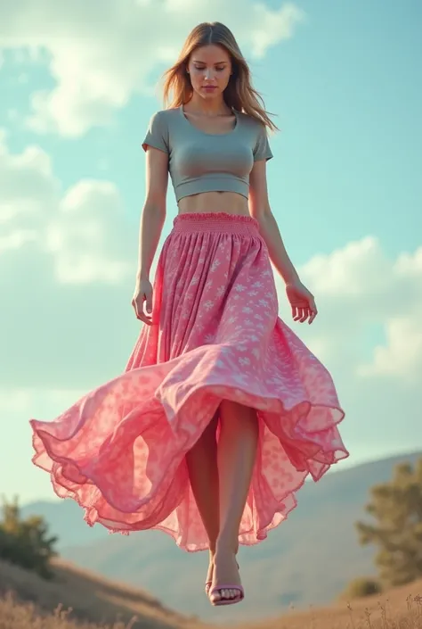 A floating woman with large breasts in a grey short arm short crop top and extremely long floral pink skirt longer than 5 times her height. Skirt is pooling. She is in a fantasy world. She is floating 30 feet above the ground 