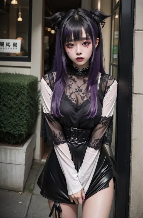 1 girl, 19 years old, asian girl, goth clothing, goth makeup, purple fade hair, embarrased, blushing, skirt tug