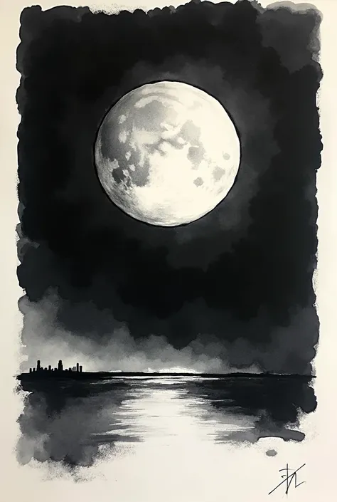 An ink print ,  and a moon in the background with space for a title