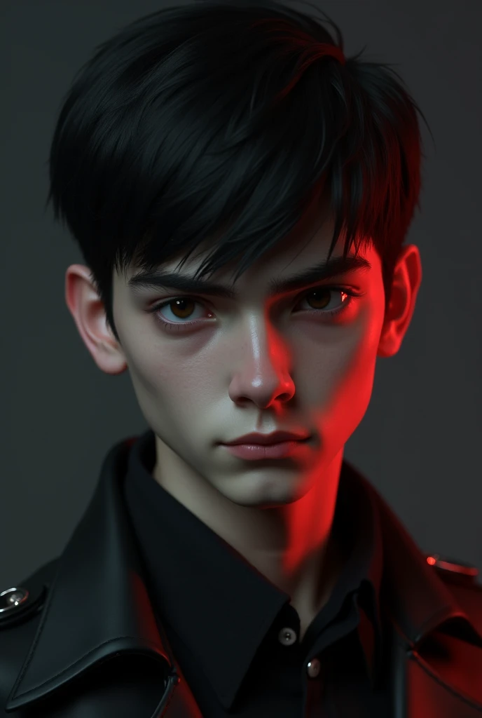 Realistic 3D of a 17-year-old boy,  black hair,  fair skin ,  dark brown eyes , with a serious look.  with a dark color palette , like black, gray and red