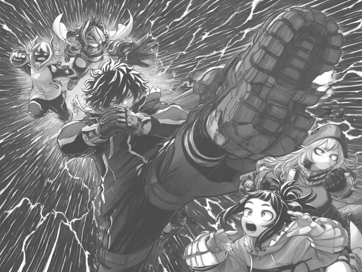 score_9, score_8_up, score_7_up, score_6_up, score_5_up, score_4_up, Kohei Horikoshi, My Hero Academia, kentaro_miura_style, monochrome, greyscale
BREAK
(masterpiece: 1.0), best quality, monochrome, greyscale, crosshatching, directional hatching, gradients...