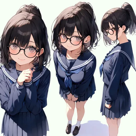 1girl, glasses, solo, school uniform, sailor collar, looking at viewer, black hair, medium hair, serafuku, blue sailor collar, blue shirt, shirt, black eyes, bangs, black-framed eyewear, ponytail, full body, standing, white background, simple background, s...