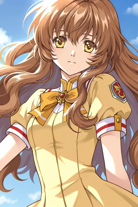 A girl that is an student. She has long wavy Brown hair with shiny golden eyes with a yellow dress uniform. Character sketch different facial expressions of emotions of her. Clamp Tsubasa chronicles art style. 