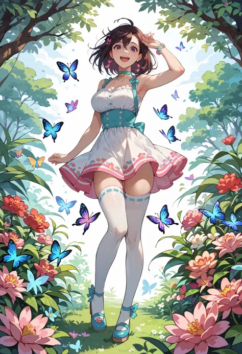 rape, Momose Momo in a short sleeveless summer dress stands on a flower meadow in a bright sunny day, big breasts, white stockings, colorful butterflies flying around, a happy smile on her face, loud onomatopoeic speech, full-length front view