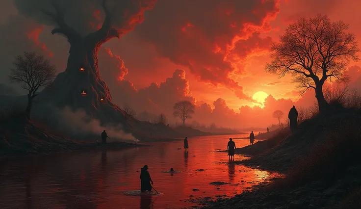  A bleak landscape divided into three areas that symbolize the impact of acts against life, creation and divinity . To the left,  a river of boiling blood ,  with small figures submerged up to the torso ,  while imposing vigilantes stalk them on the banks ...