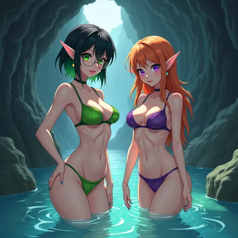 (( high quality)), (( masterpiece fails)), (anime),  two girls. Sexy anime elf in green underwear .  Black and green hair gradient.  short hair.  Bright green eyes , (Beautiful Body),(( big breasts )), round glasses, round earrings.
 Sexy anime in purple u...