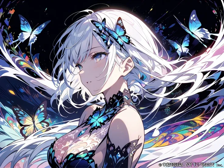 (masterpiece,  top quality ,  top quality ,  Official Art,  beautiful、Midea:1.2), ( one girl),  very detailed,( fractal art :1.3), colorful , most detailed, upper body, White Hair, Transparency,[  jewelry],[flower],[[ butterfly ]],