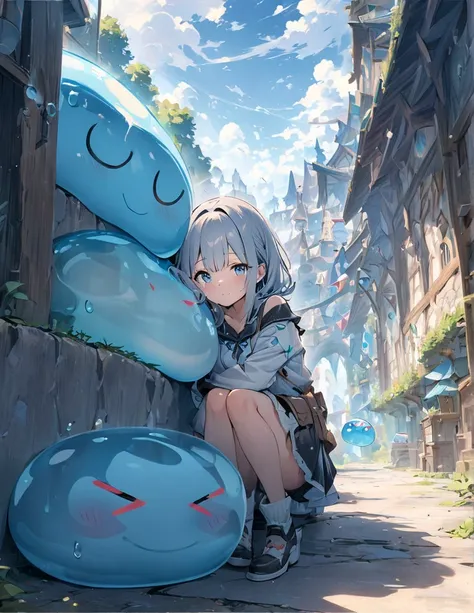 ((style:Colored pencil,pale colour))、(anime)、(masterpiece:1.2),atmospheric perspective,lens flare、Slime and Girl、Fantasy World、cute、Traveling Girl、Girl leaning on slime