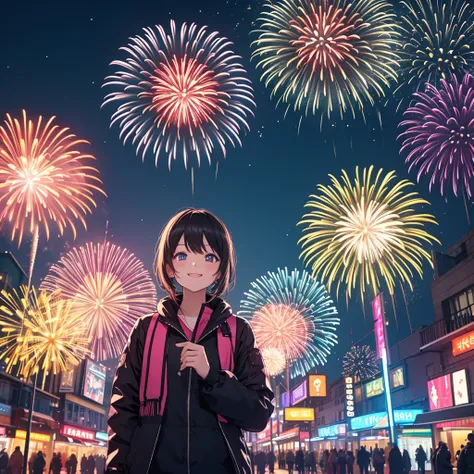 Happy new year style,at street, fireworks, night,neon color