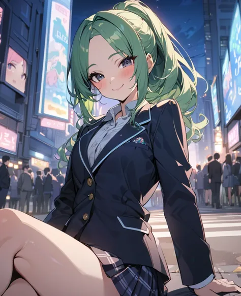 masterpiece, best quality, ultra detailed, a girl, smiling, sitting, looking at viewer, ponytail, forehead, green hair, black eyes, blazer, school uniform,in the city, in the evening, cute, kawaii, anime