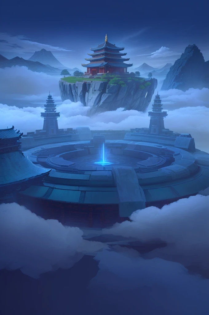 Cartoon scene of a circular building surrounded by mountains and clouds, odins stone  arena background ,  arena background , Background Art, Temple Background, mobile Game Background,  Kingdom of Light background , Mysterious temple scene , 背景描绘一座寺庙, The L...