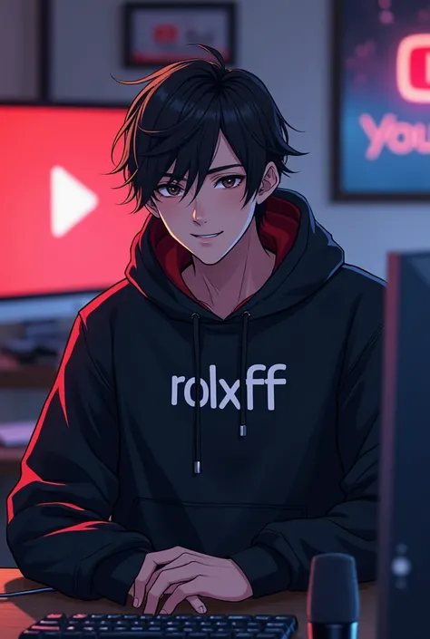 "Create a anime boy who have a mature looking like a man facing in front he is a YouTube content creator, sitting in his studio with futuristic gadgets, and there is mic near him, wearing black hoodie, rolxff write on hoodiesmiling smiling, and there is 2 ...