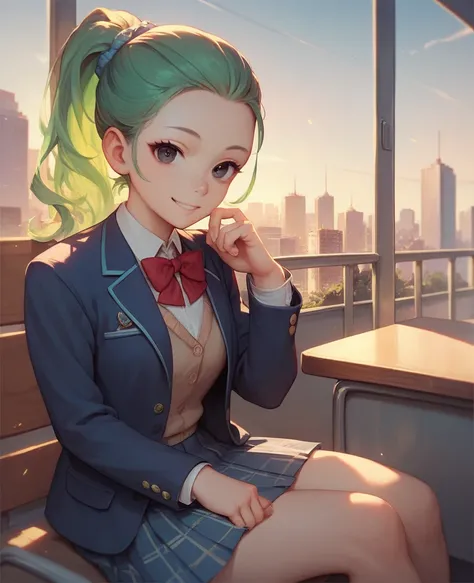 masterpiece, best quality, ultra detailed, a girl, smiling, sitting, looking at viewer, ponytail, forehead, green hair, black eyes, blazer, school uniform,in the city, in the evening, cute, kawaii, anime