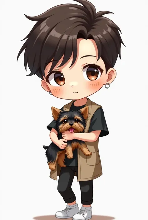 Anime,cartoon,Chibi Figure , Teen boys1 , Korean Style Dark Brown Short Hairstyle , Pierced Earrings , Short Sleeve Round Neck Coat , black trousers ,White socks, ,carrying, 1 Yorkshire Puppy, Black Brown, Cute Dog Coat 