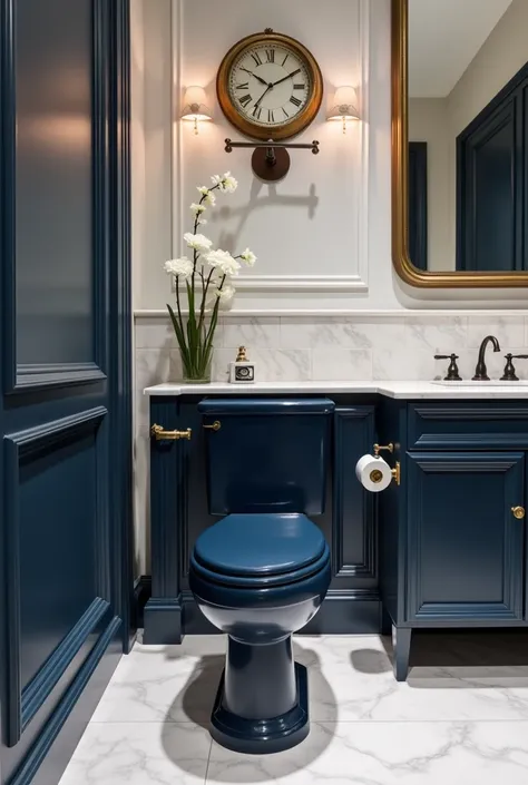 generate at least 10 images of convictions for a classic bathroom with dark blue toilet and sink,