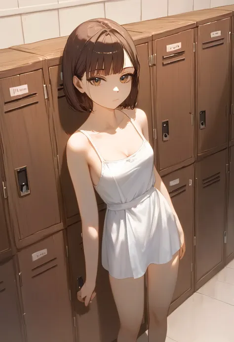 (((masterpiece) ((((( Highest quality ))))((  high resolution ))))),  Very detailed,   Ultra-realistic, )、、Locker room、 cardigans 、White、White wine、 has brown hair 、、Lockers、Changing laundry 、((expressionless))、From above.Standing