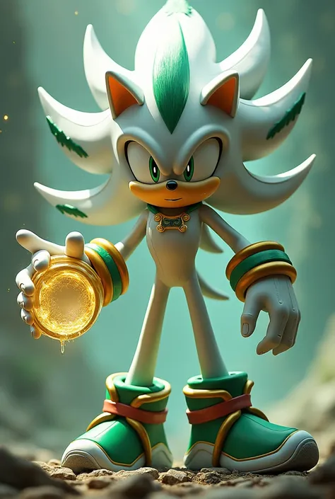  Create a character in the style of Sonic , measuring 121Cm,  in the background that has the shape of Shadows head,  with the skewers up , that you have white gloves ,  whose main color is white , And secondary green,  and that has the mushrooms of Sonic ,...