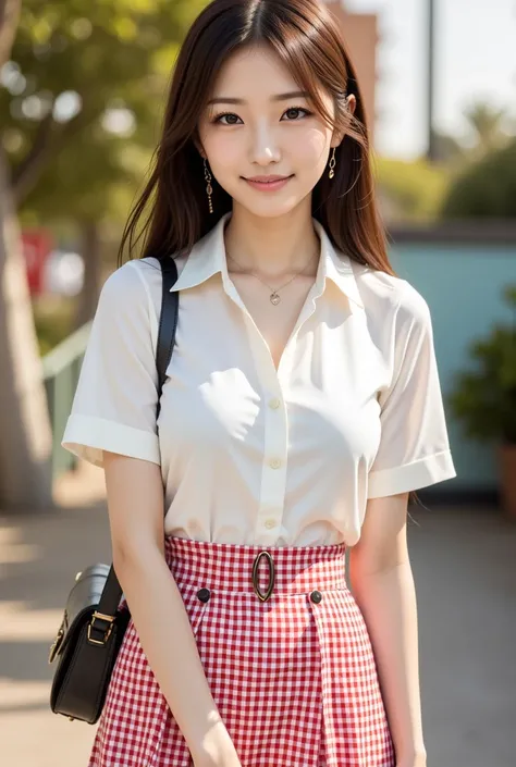 An 18-year-old Japanese idol girl 、 height 155 cm、 wears a white satin shirt and a red checked miniskirt on her lower body、 has small breasts, not too thin, and has beautiful legs 、A very cute smile 