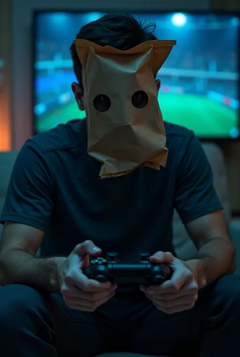 An man playing football game on console wear sad food bag mask dont show face on livestream